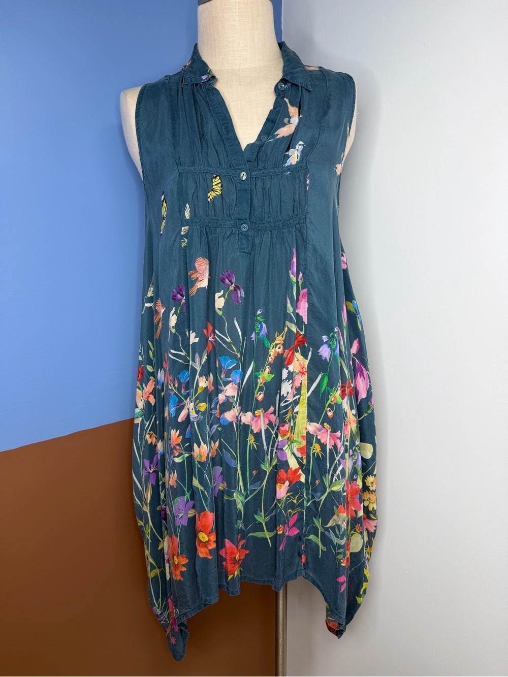 Johnny Was Sleeveless Floral Bird Butterfly Dress in Dark Teal Size Small